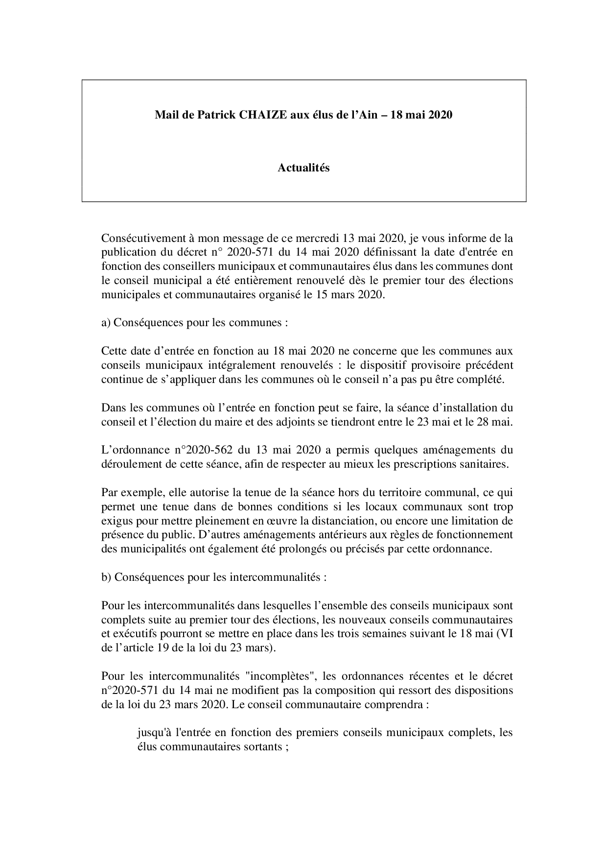 Mail_Information_Communiqué_Elus_Ain_N°67_202005181
