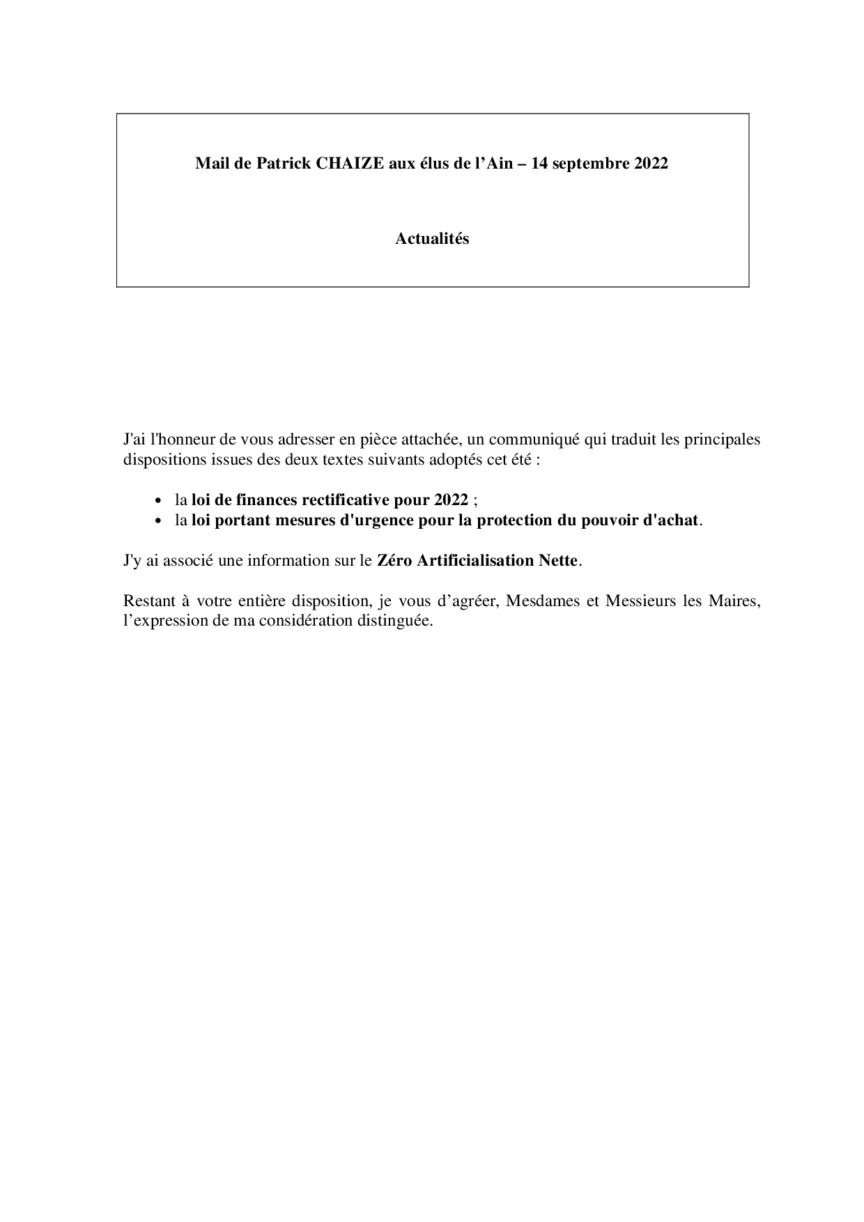 Mail_Information_Communiqué_Elus_Ain_N°87_20220914