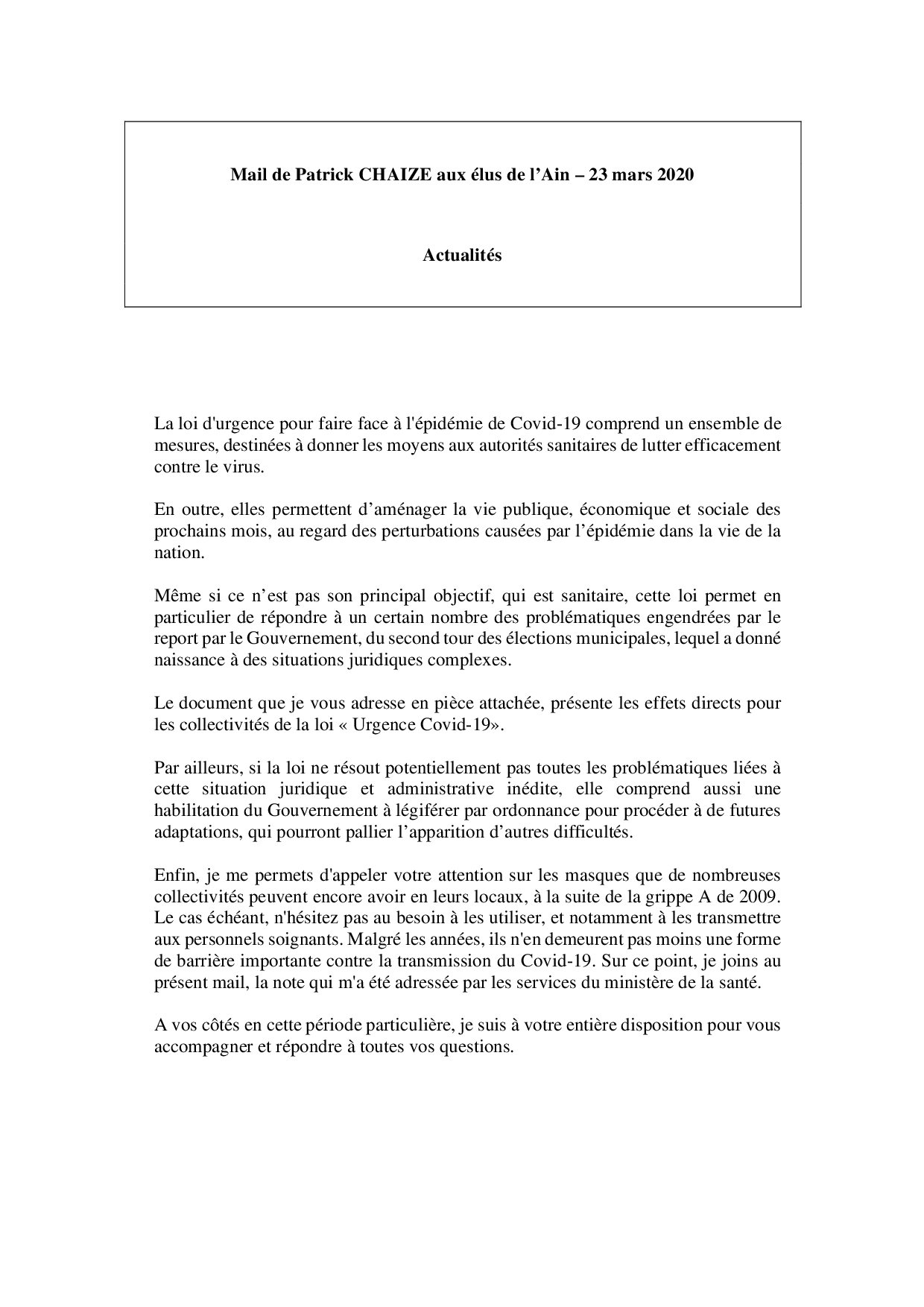 Mail_Information_Communiqué_Elus_Ain_N°58_20200323