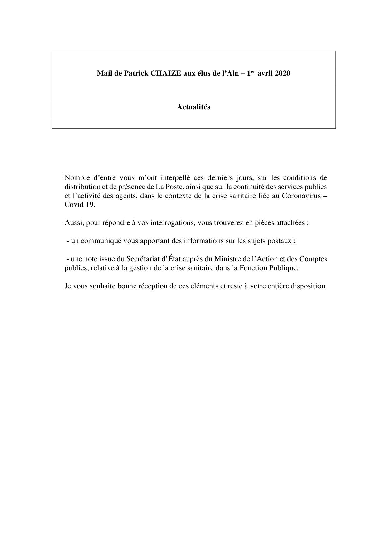 Mail_Information_Communiqué_Elus_Ain_N°60_20200401