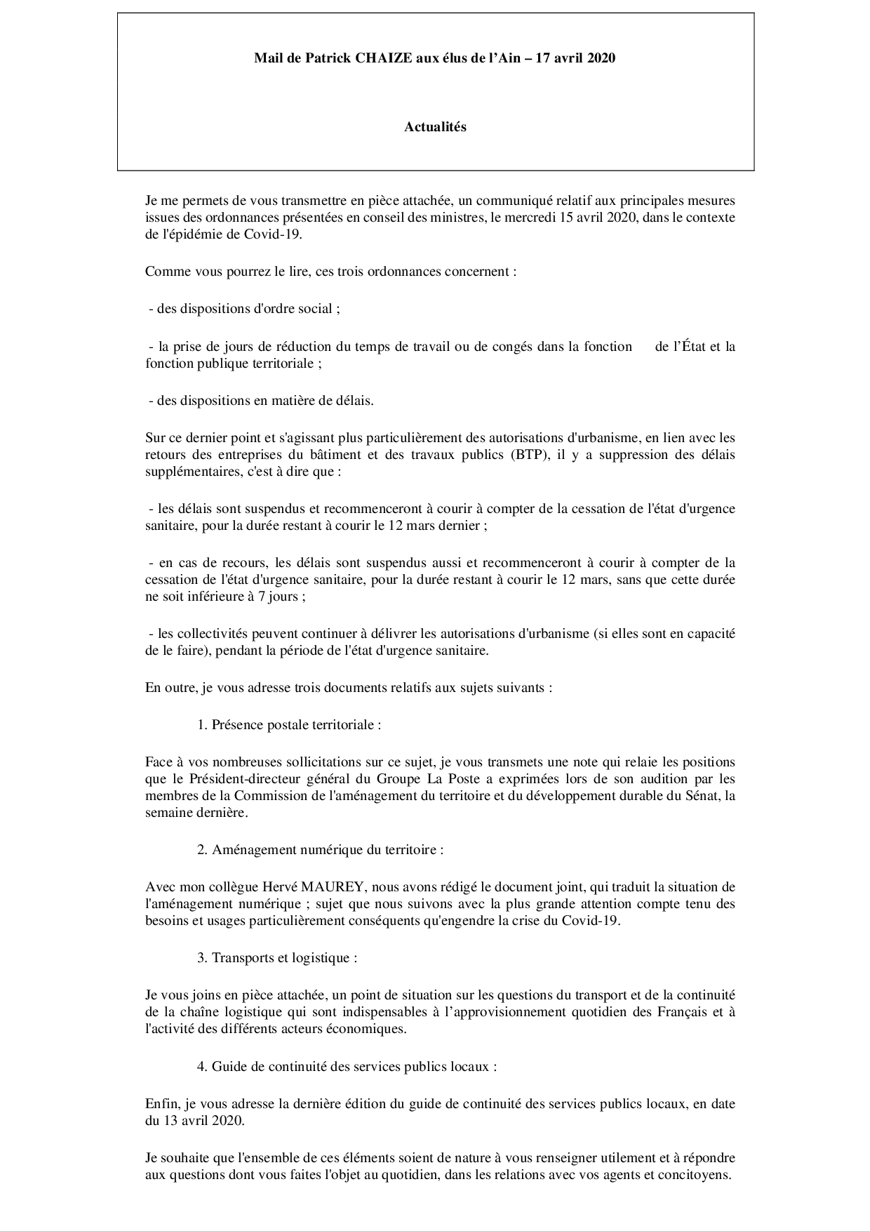 Mail_Information_Communiqué_Elus_Ain_N°62_20200417