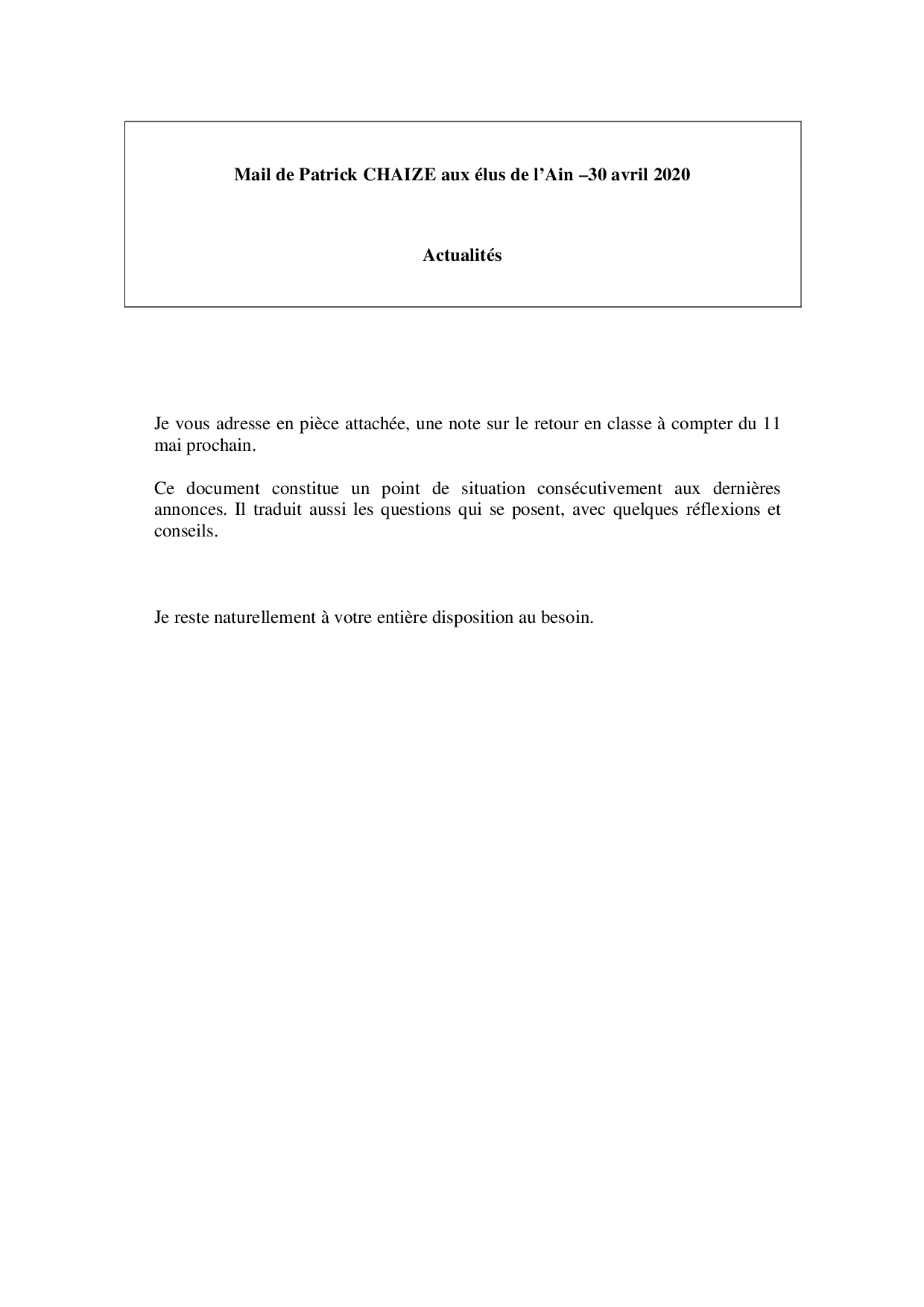 Mail_Information_Communiqué_Elus_Ain_N°64_20200430