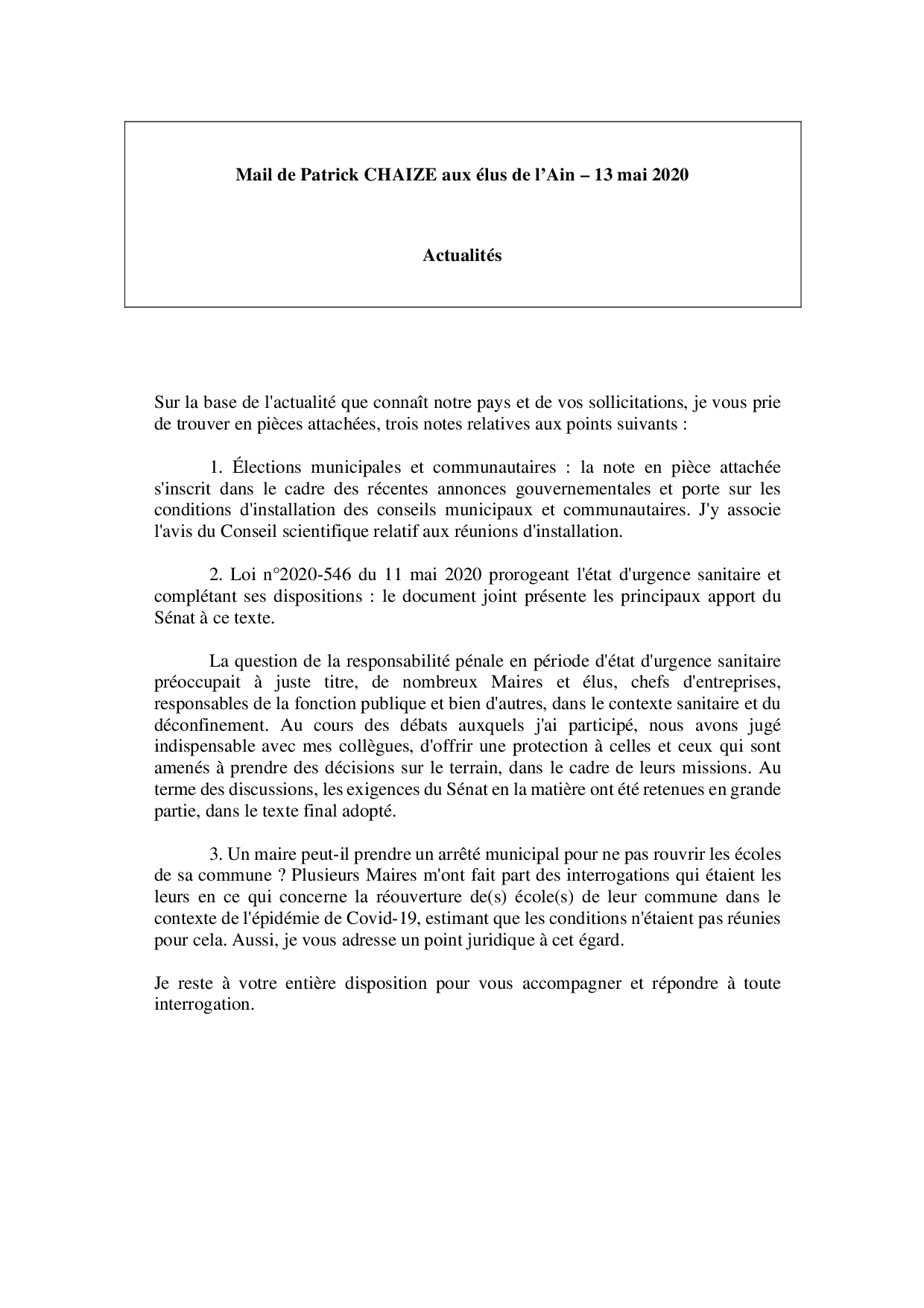 Mail_Information_Communiqué_Elus_Ain_N°66_20200513