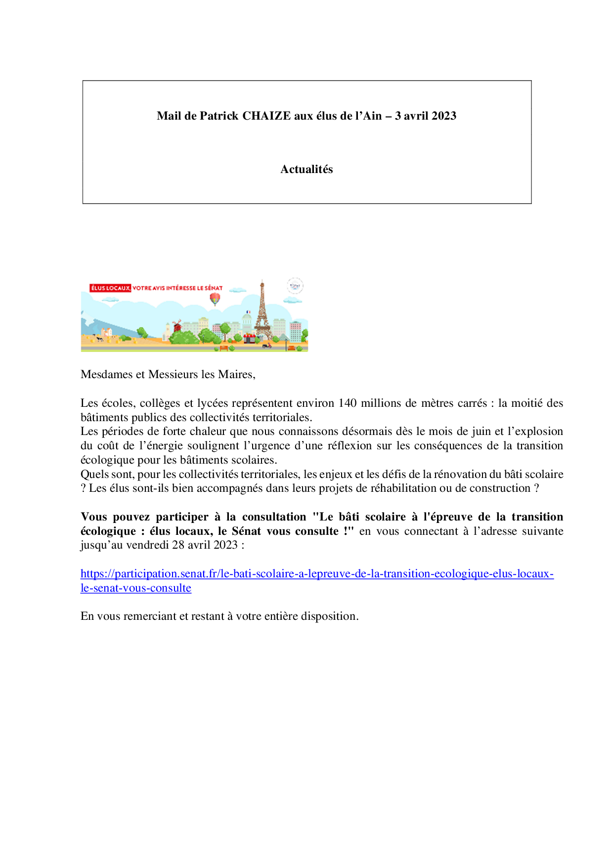 Mail_Information_Communiqué_Elus_Ain_N°96_20230323