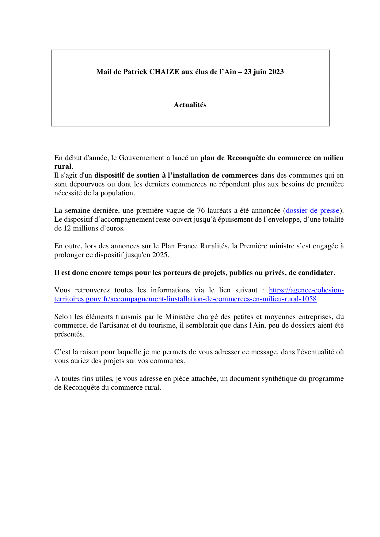 Mail_Information_Communiqué_Elus_Ain_N°102_20230623