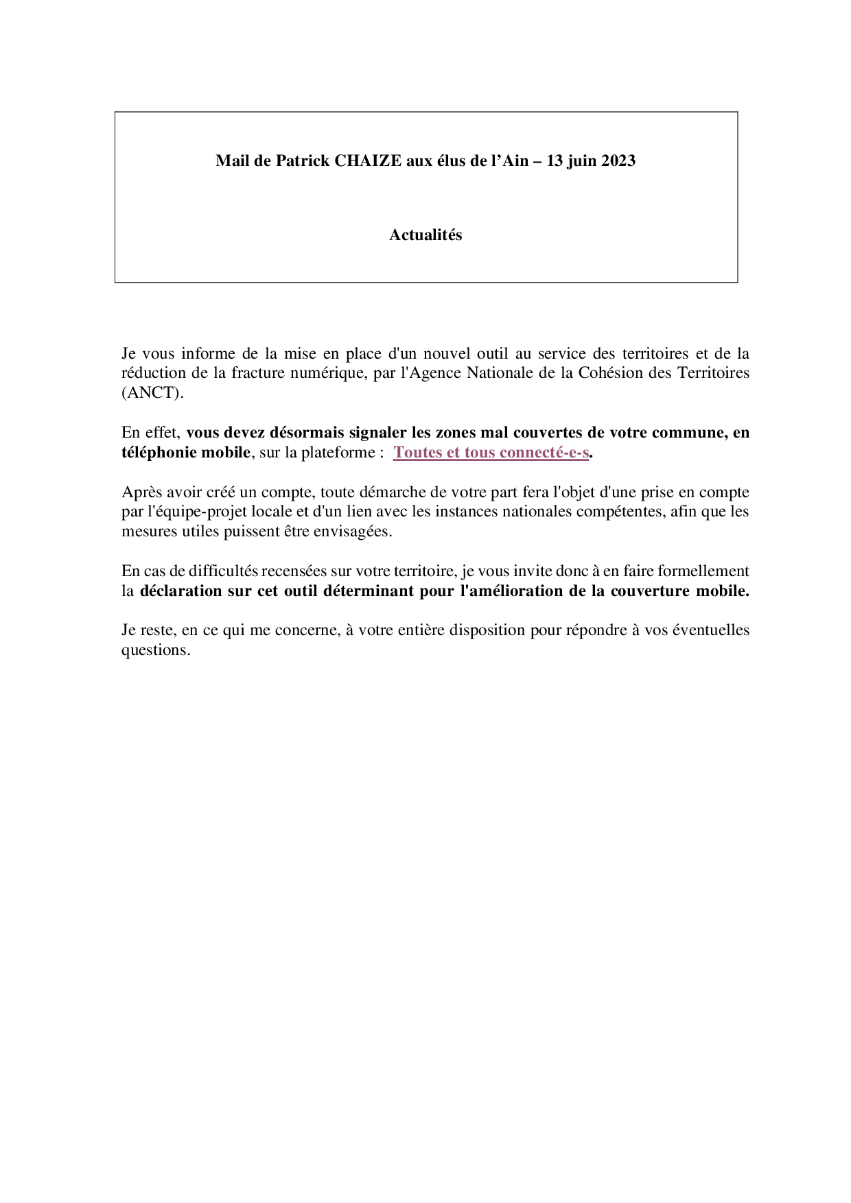 Mail_Information_Communiqué_Elus_Ain_N°99_20230613
