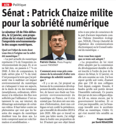 AIN POLITIQUE Sénat Patrick Chaize milite pour la sobriété numérique LeProgrès