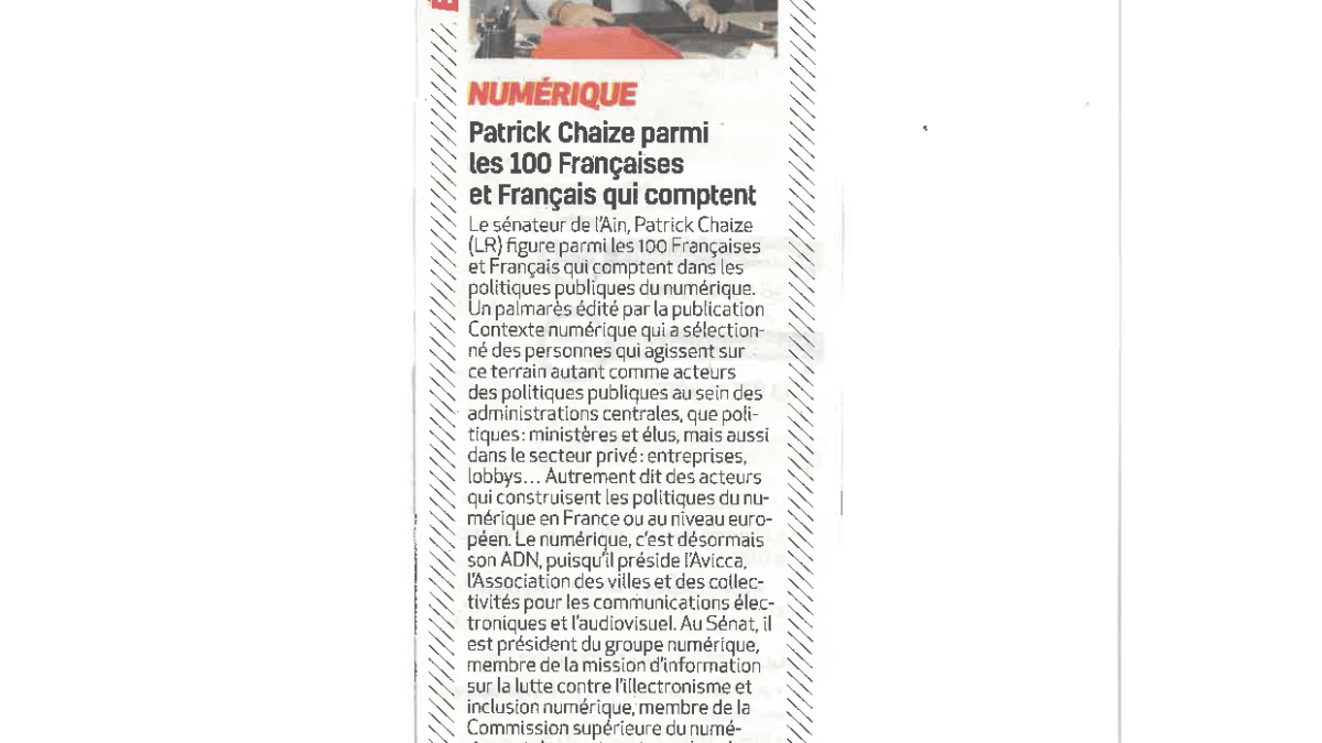 NUMERIQUE Patrick Chaize parmi les 100 Françaises et Français qui comptent VoixdelAin