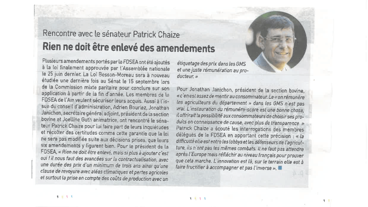 Loi Besson Moreau Rien ne doit être enlevé des amendements LAinAgricole
