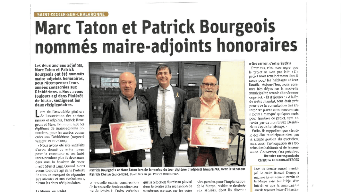 ST DIDIER SUR CHALARONNE Marc Taton et Patrick Bourgeois nommés maire adjoints honoraires LeProgrès