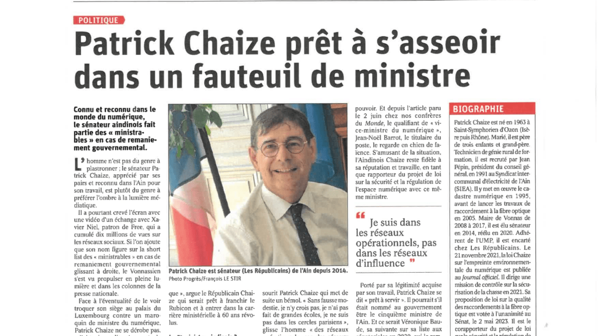 POLITIQUE Patrick Chaize prêt à s'asseoir dans un fauteuil de ministre LeProgrès