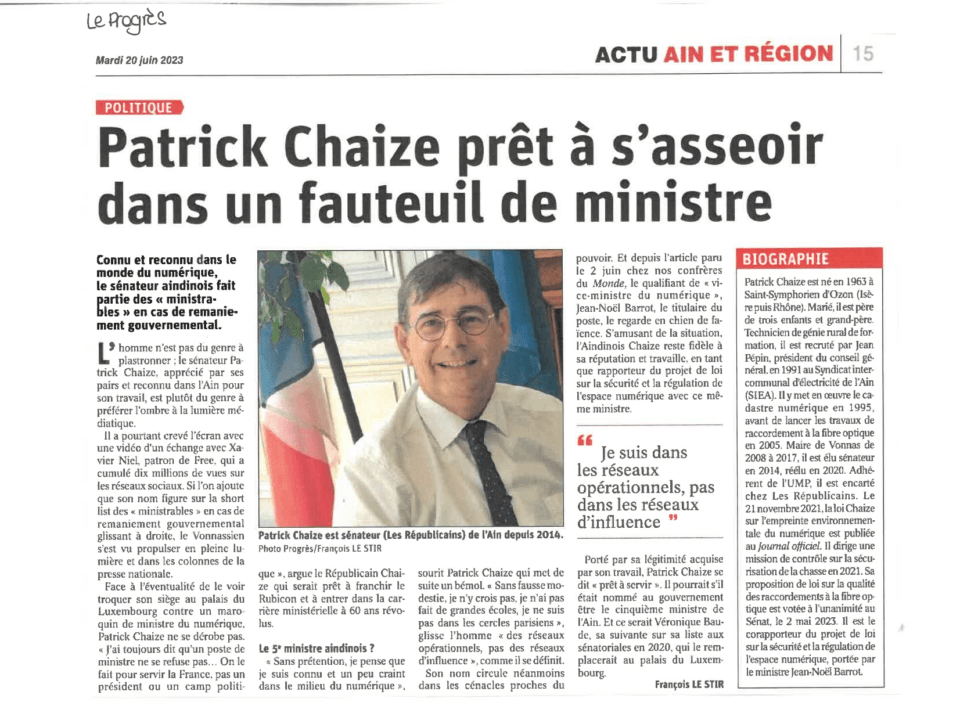 POLITIQUE Patrick Chaize prêt à s'asseoir dans un fauteuil de ministre LeProgrès