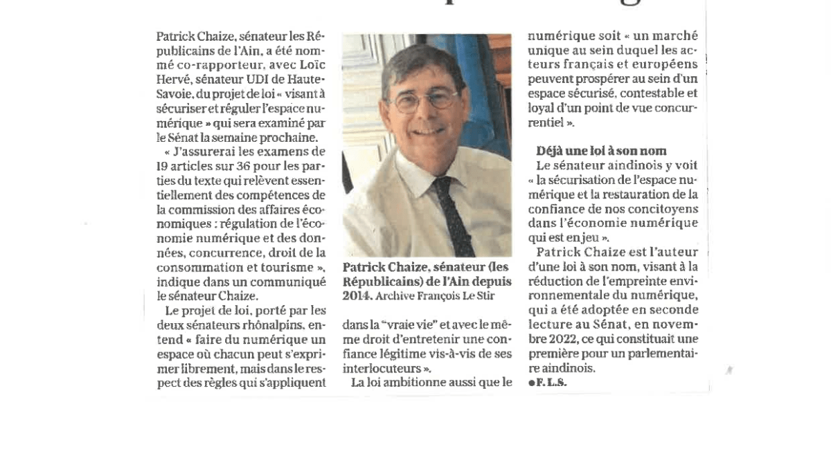 AIN Loi numérique Le sénateur Patrick Chaize en première ligne LeProgrès