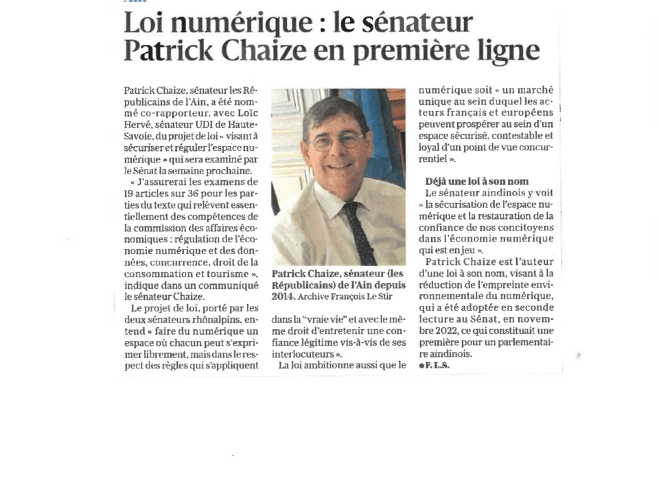 AIN Loi numérique Le sénateur Patrick Chaize en première ligne LeProgrès