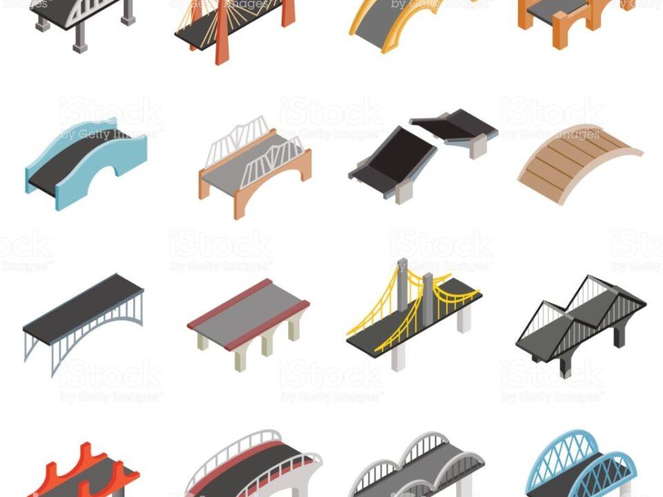 Bridge set icons in isometric 3d style isolated on white background